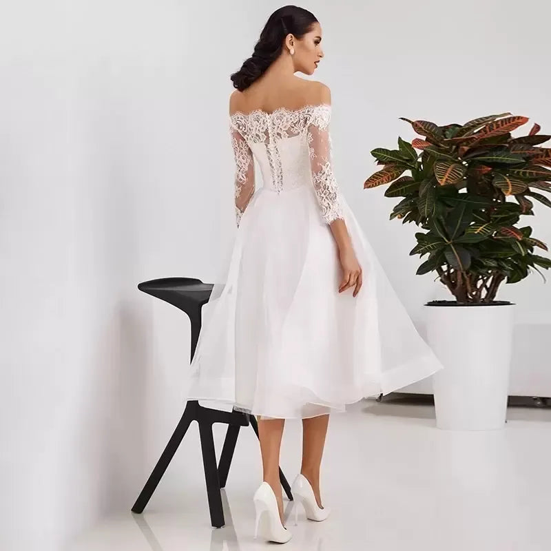 Vestido de novia corto, vestido de novia blanco marfil, vestidos de novia blancos, Apliques de encaje, vestido de fiesta de boda de satén hecho a medida