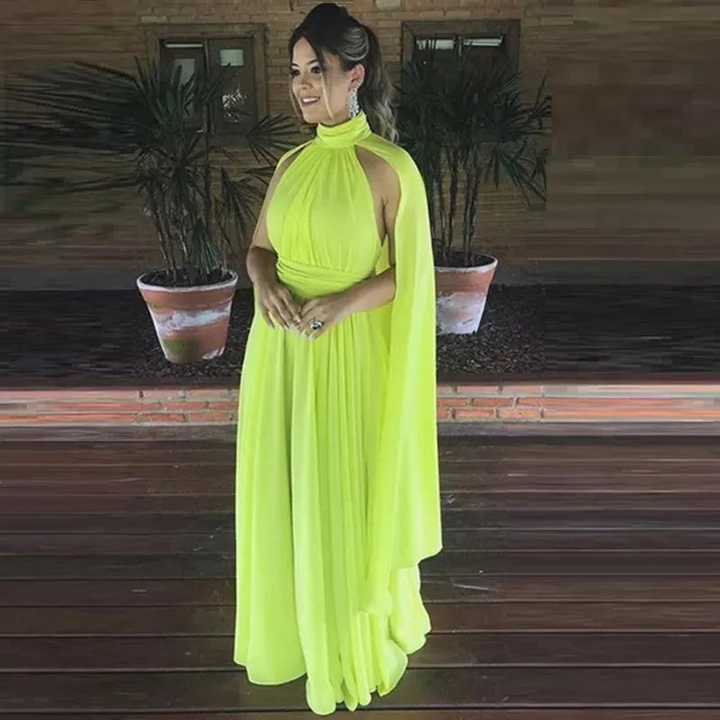 Fluorescent Yellow Evening Dress With Shawl Sexy Floor-length Vestidos De Fiesta Good Quality Chiffon Prom Dresses