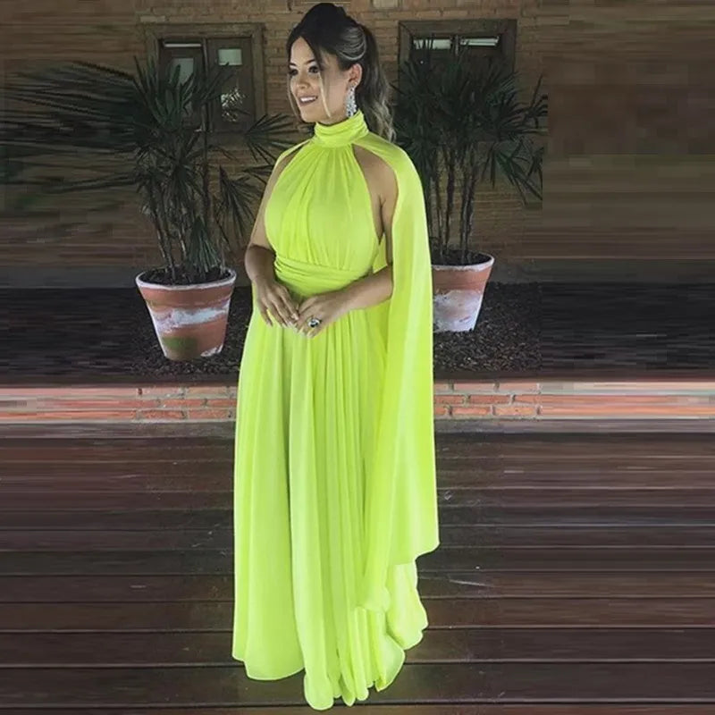 Fluorescent Yellow Evening Dress With Shawl Sexy Floor-length Vestidos De Fiesta Good Quality Chiffon Prom Dresses