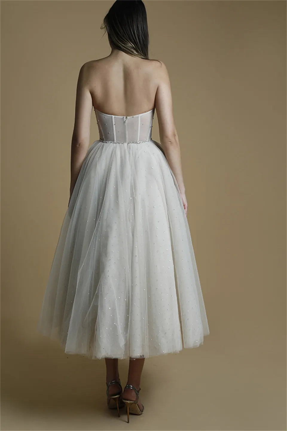 Modern Strapless Short Civil Wedding Dresses Sleeveless Beaded Tulle Tea-Length A-Line Elopement Bride Dresses Open Back