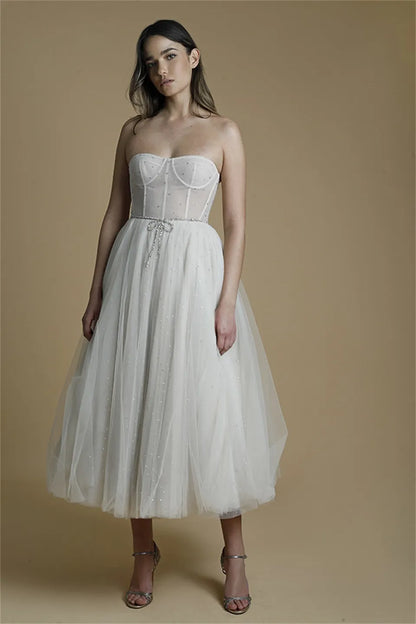 Modern Strapless Short Civil Wedding Dresses Sleeveless Beaded Tulle Tea-Length A-Line Elopement Bride Dresses Open Back