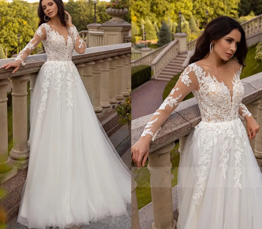 Vestido De Novia De tul De manga larga, apliques De encaje, cuello redondo, corte en A, vestido De Novia para mujer, Vestidos De Novia