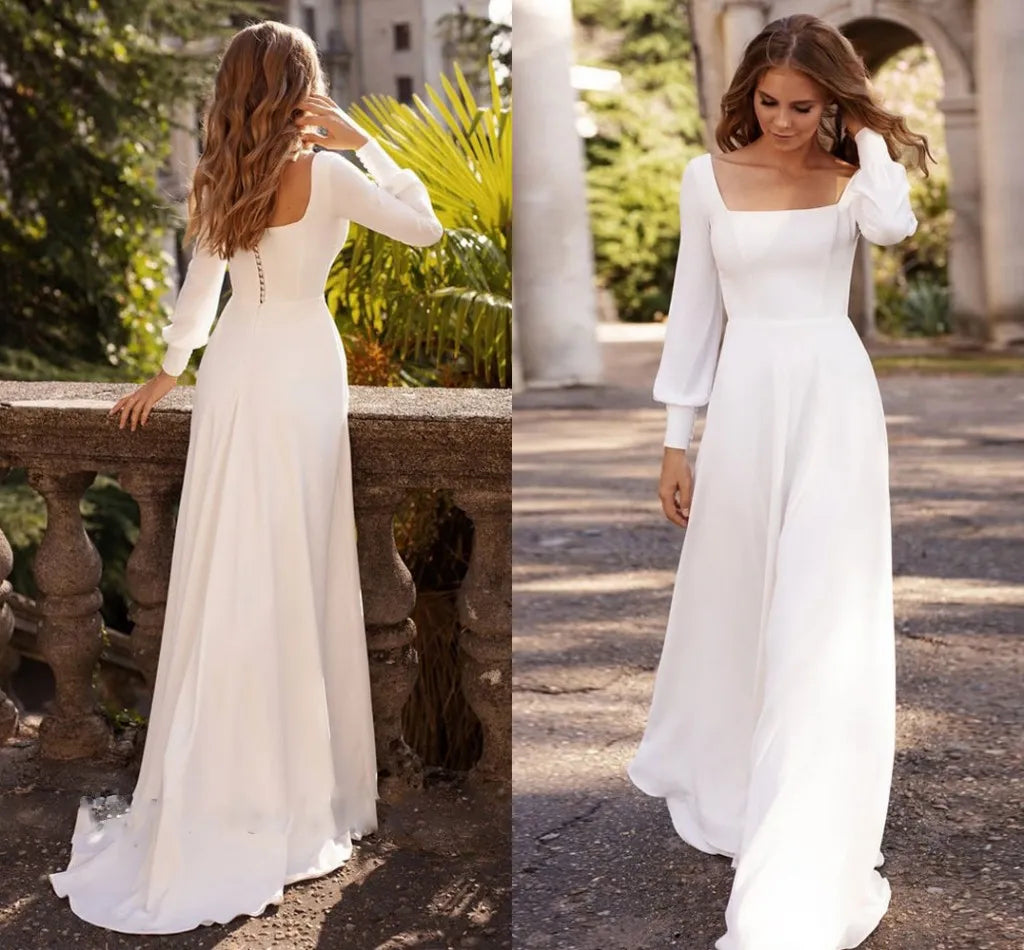 Robe De mariée trapèze élégante en Satin, col carré, manches longues, dos nu, Simple, avec traîne De balayage, pour femmes