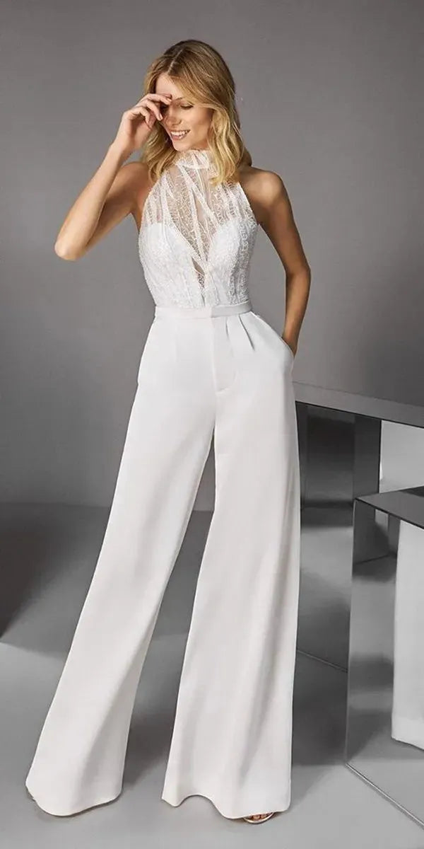 Ivory Jumpsuit Wedding Dress With Pocket Pants Suit High Halter Neck Sexy Illusion Sequins Bride Dress With Pants Outfits Custom White 20w