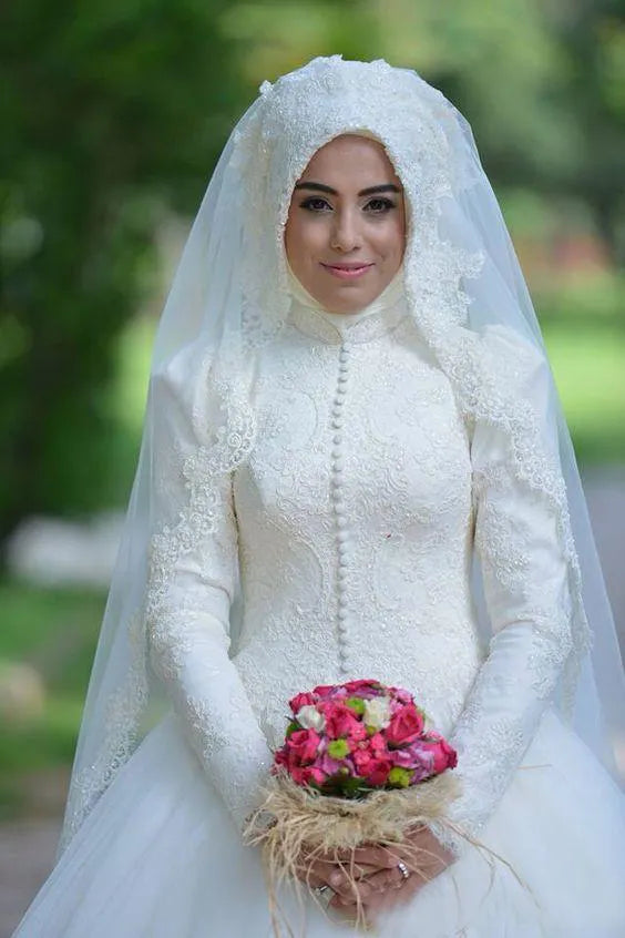 Gaun pengantin arab lengan panjang Islam gaun pengantin muslim gaun bola arab lace gaun pengantin hijab 2021