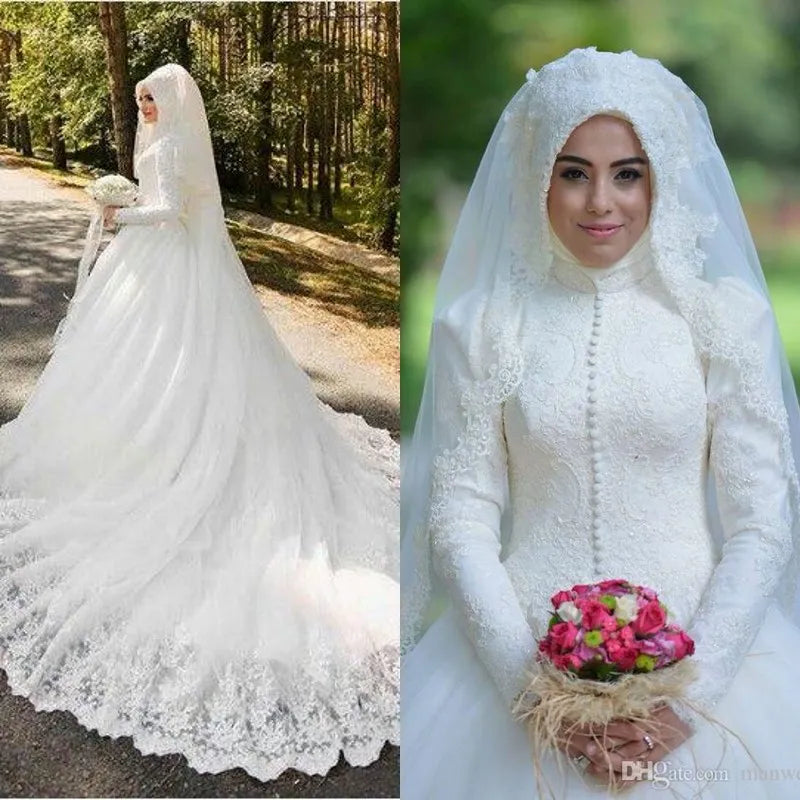 Vestido de novia árabe, vestido de novia musulmán islámico de manga larga, vestido de baile árabe, vestido de novia Hijab de encaje 2021