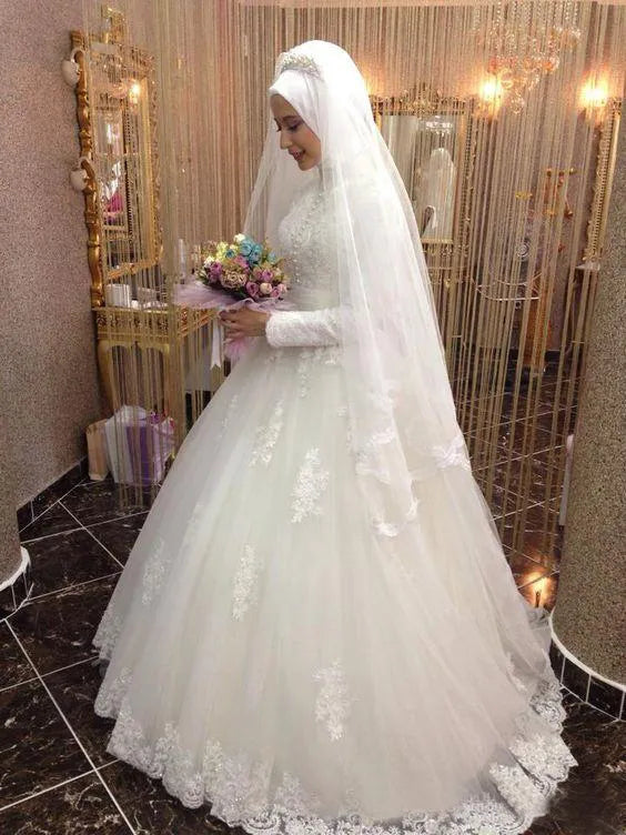 Vestido de noiva árabe Islâmico Manga longa Vestido de noiva muçulmano vestido de baile árabe renda hijab vestido de noiva 2021