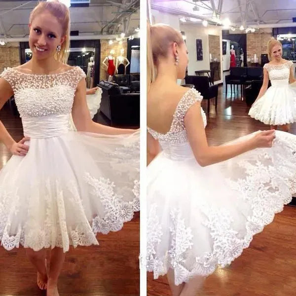 White Short Wedding Dresses Brides Sexy Pearl Lace Wedding Dress Bridal Gown Plus Size Vestido De Noiva Ivory 14w