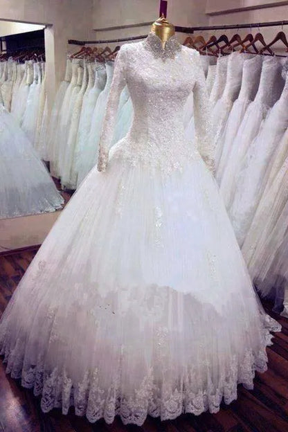 2022 Mangas compridas Vestido de noiva muçulmano Decote alto Robo longo de Mariage