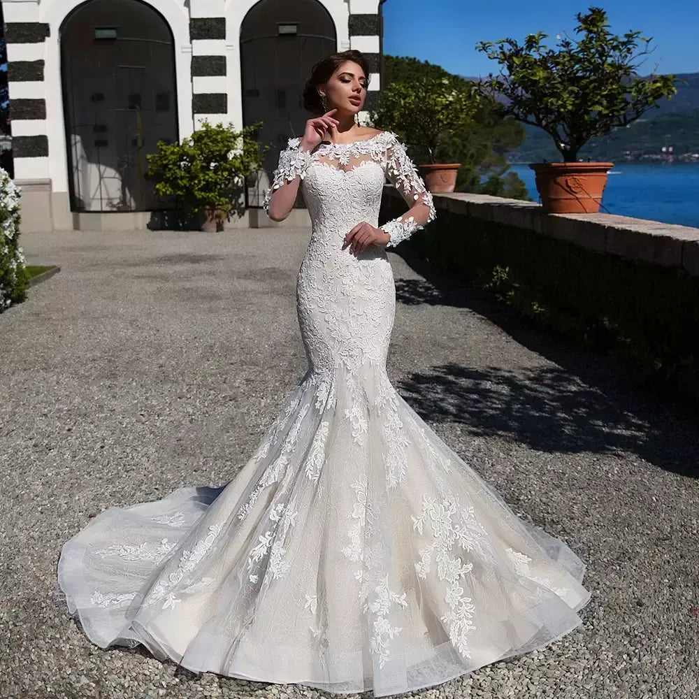 Gorgeous Tulle & Lace Bateau Neckline Mermaid Wedding Dress 2021 robe de mariee Wedding Gown With 3D Flowers & Beadings