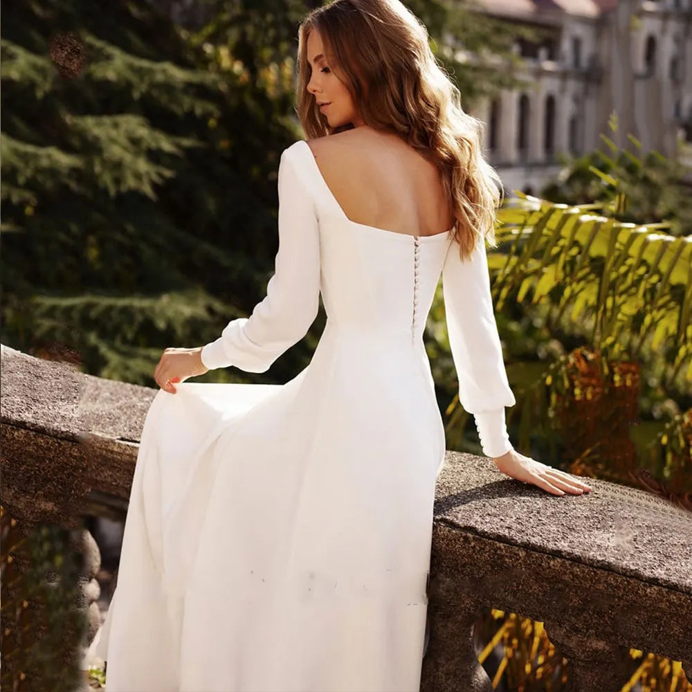 Elegant A-Line Wedding Dresses Women Square Collar Long Sleeve Open Back Satin Simple Bridal Gown Sweep Train Vestidos De Noiva