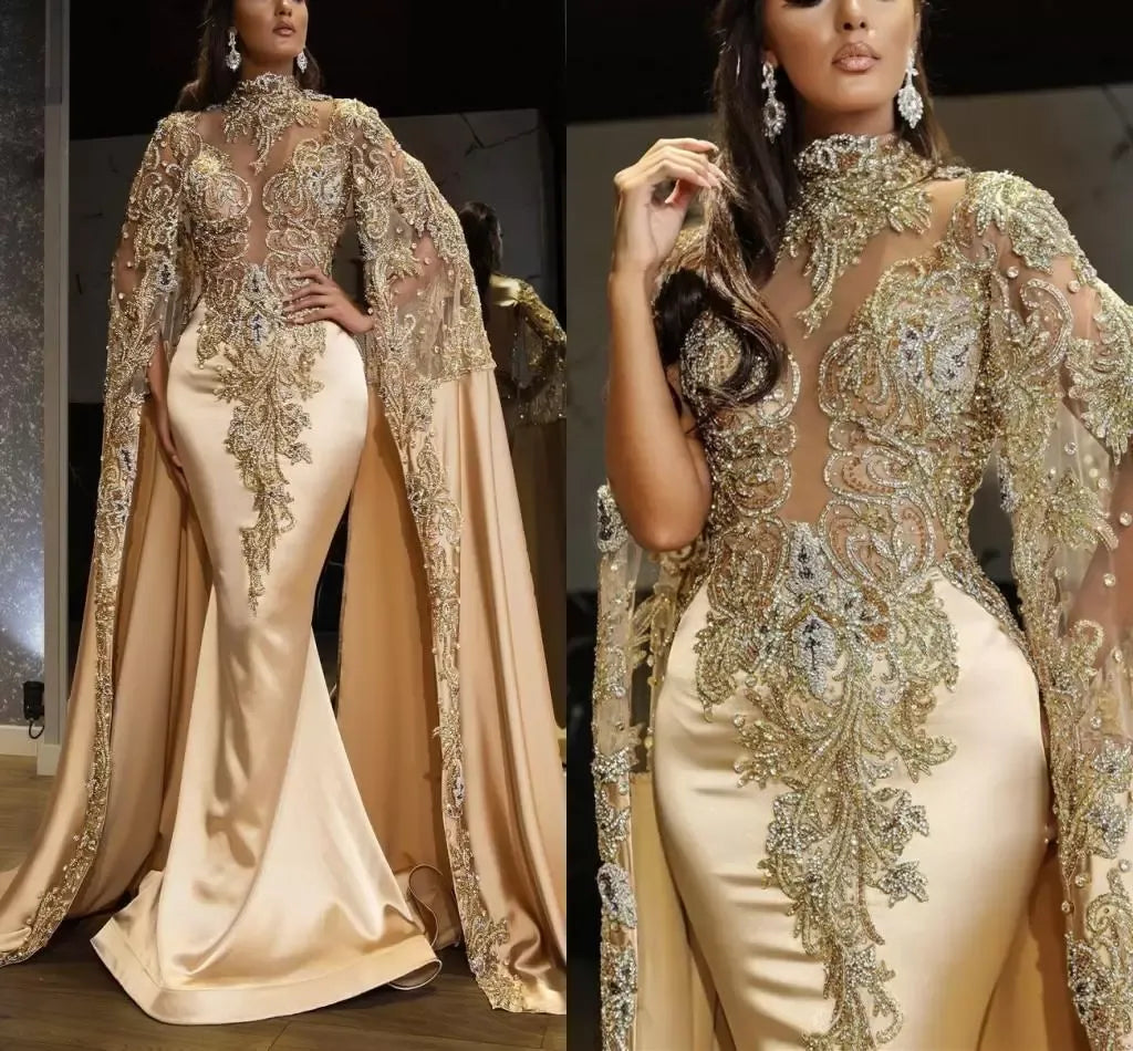 Luxury Champagne Dubai Evening Dress With Beaded Elegant Mermaid Prom Dresses Cape Sleeves Occasion Formal Party Gowns Gala