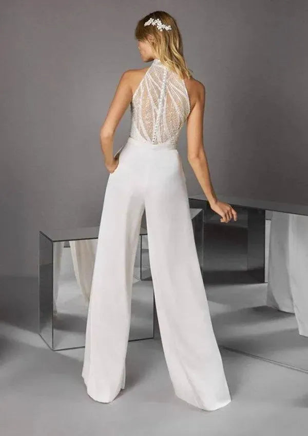 Ivory Jumpsuit Wedding Dress With Pocket Pants Suit High Halter Neck Sexy Illusion Sequins Bride Dress With Pants Outfits Custom White 20w