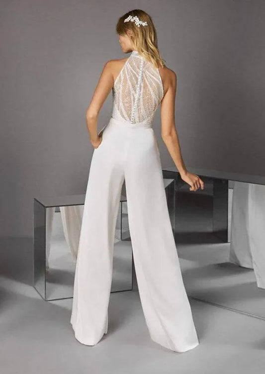 Ivory Jumpsuit Wedding Dress With Pocket Pants Suit High Halter Neck Sexy Illusion Sequins Bride Dress With Pants Outfits Custom