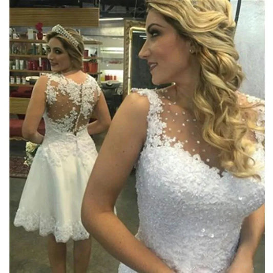 Apliques De encaje blanco Vintage, vestidos De novia cortos, botones traseros transparentes, vestidos De boda cortos, bata De velada