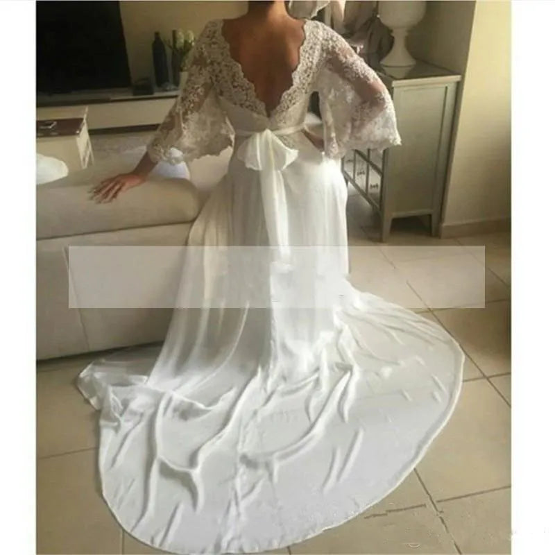 Gaun pengantin pantai sederhana vintaj dengan lengan panjang bohemian lace chiffon perkahwinan gaun pengantin negara gaun pengantin