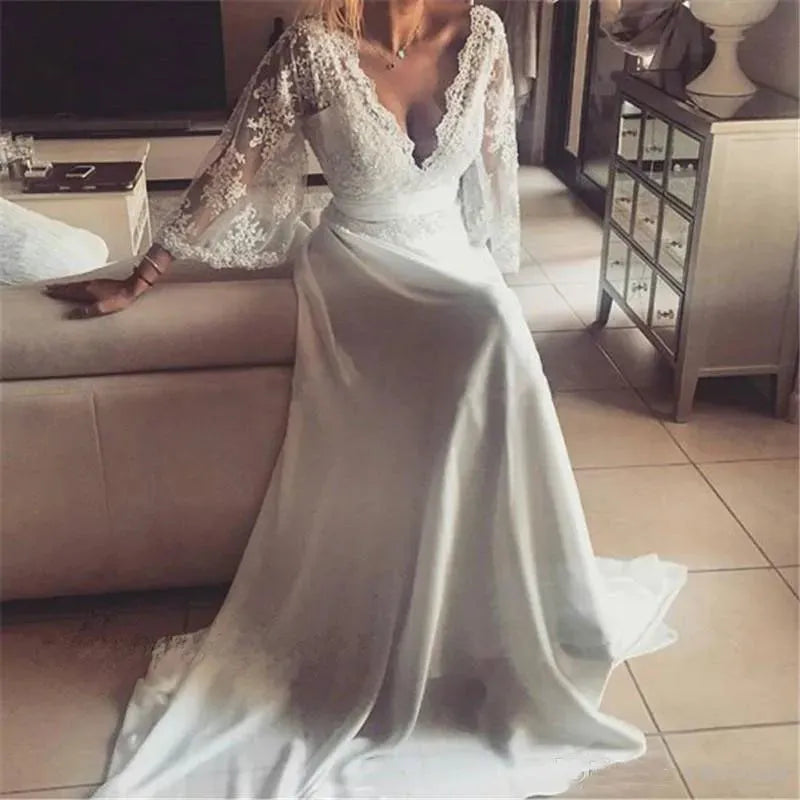 Vintage Modest Beach Wedding Dresses with Long Sleeves Bohemian Lace Chiffon Wedding Gowns Country Bridal Wedding Dress 14w