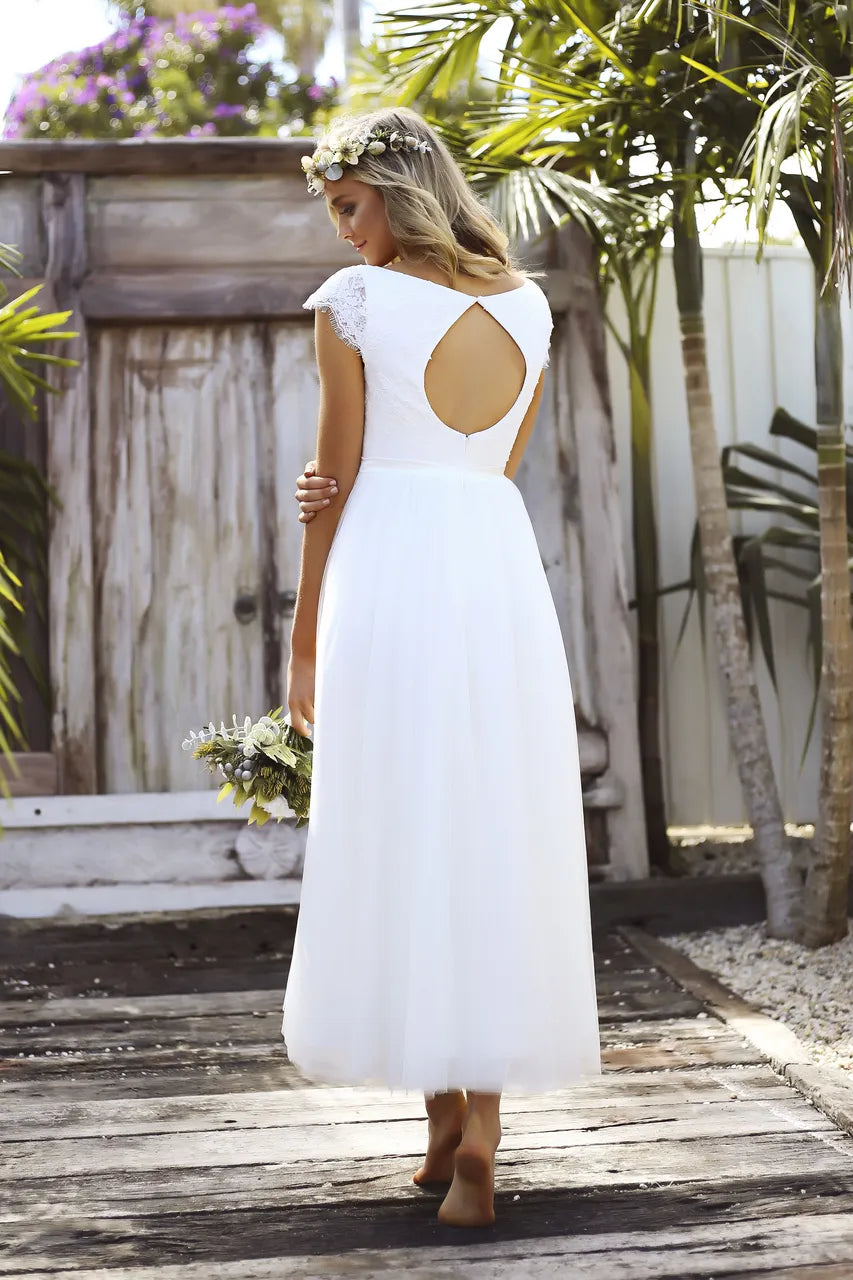 Vestidos De novia bohemios con cuello en V y manga casquillo, Vestido De novia De talla grande con encaje De tul y corte en A, Vestido De novia para playa