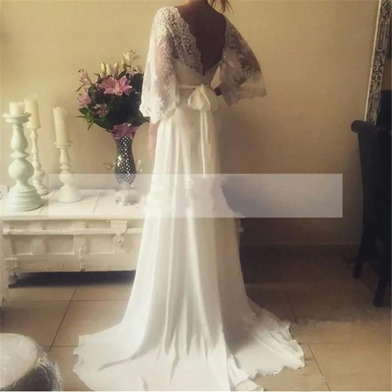 Vintage Modest Beach Wedding Dresses with Long Sleeves Bohemian Lace Chiffon Wedding Gowns Country Bridal Wedding Dress