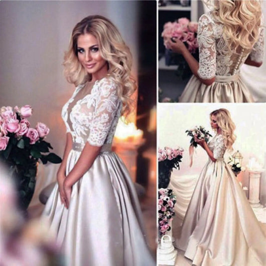 Lace Stain Wedding Dresses Lace Half Sleeve A Line Bridal Gowns Custom 2023 Plus Size Wedding Gowns