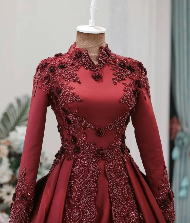 Vestidos de novia musulmanes árabes de color rojo oscuro con mangas largas de encaje con cuello alto, vestidos de novia con apliques