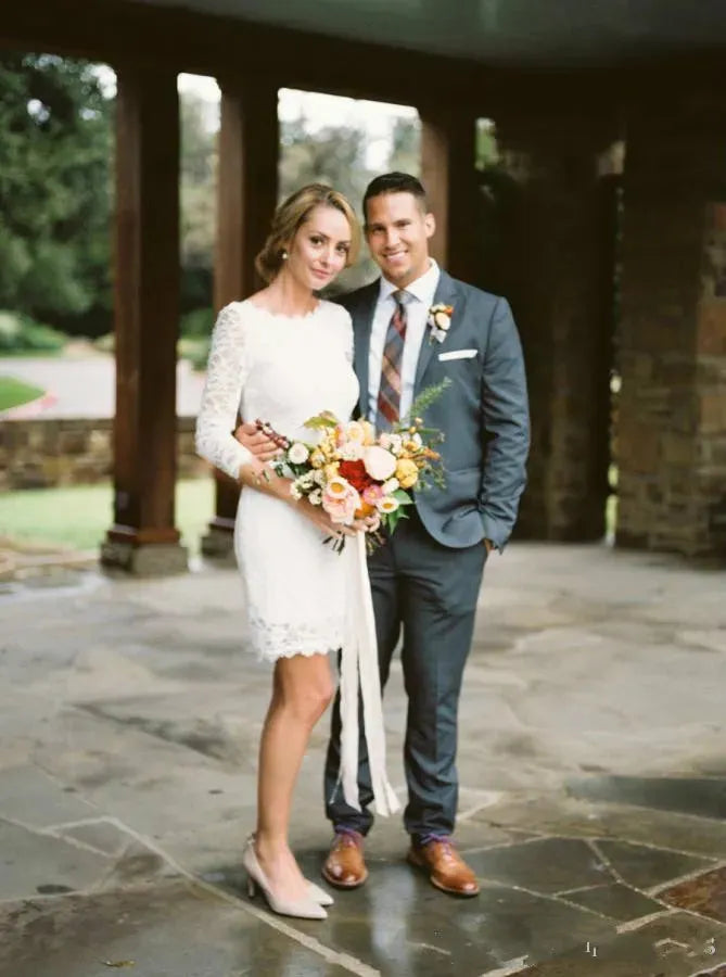 Long Sleeve Short Wedding Dresses Lace Elegant Sheath Romantic Bridal Gowns Custom Made Wedding Guest Dress 14w