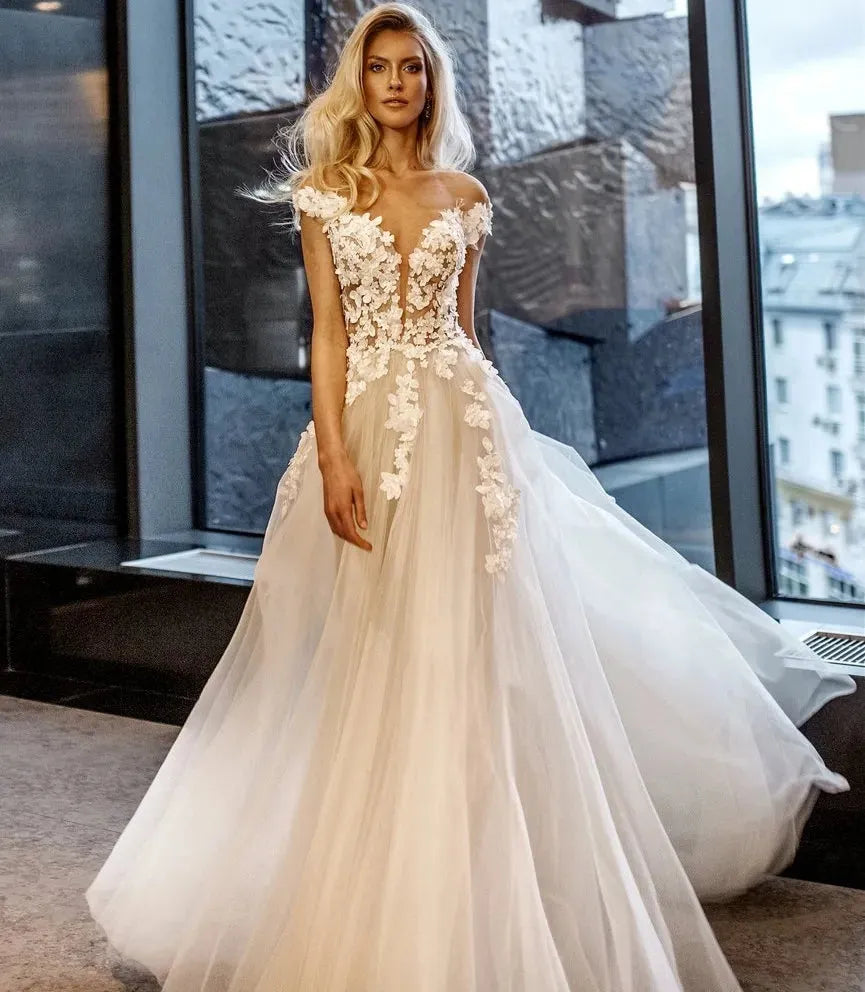 Chic V-neck Tulle With Applique Lace Cap Sleeves A-line Backless Wedding Dress vestido noiva WHITE