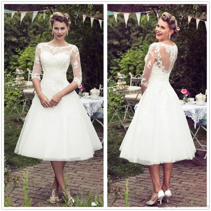 Vintage 50's Style Short Lace Wedding Dresses Half Sleeves Tulle Lace Applique Teh Panjang Pengantin Perkahwinan Gaun Dengan Butang