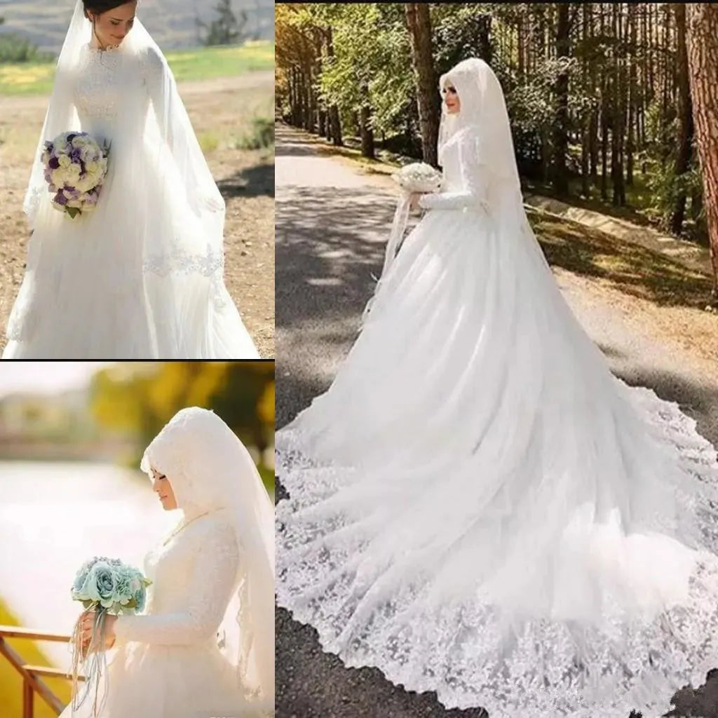 Muslim Wedding Dress | Vestido De Noiva Robe De Mariage Arabic Muslim Luxury Beautiful 80cm Long Trail Long Sleeve Hijab Wedding Dress with Veil 14w