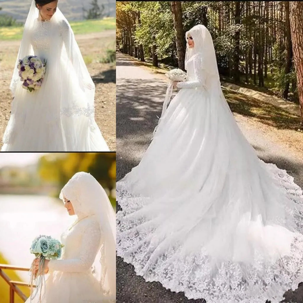 Vestido de noiva jubah de Mariage Arab Arab mewah cantik 80cm jejak panjang lengan panjang lengan panjang pakaian perkahwinan dengan tudung