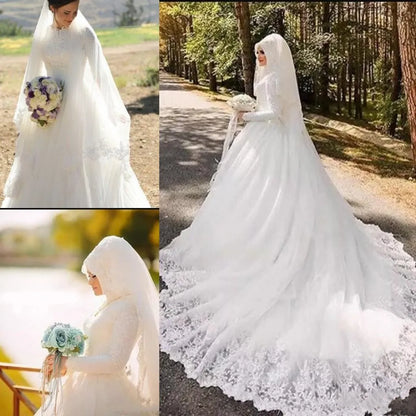 Vestido de noiva חלוק de mariage ערבית יוקרה מוסלמית יפהפה 80 ס"מ שביל ארוך שרוול ארוך שמלת כלה חיג'אב עם רעלה