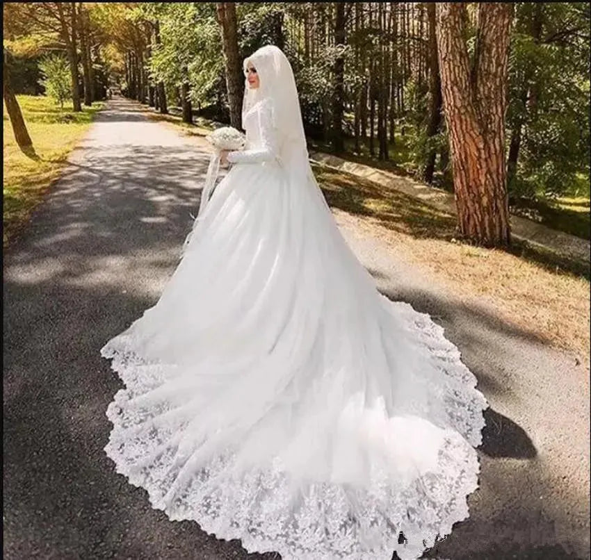 Muslim Wedding Dress | Vestido De Noiva Robe De Mariage Arabic Muslim Luxury Beautiful 80cm Long Trail Long Sleeve Hijab Wedding Dress with Veil 14w