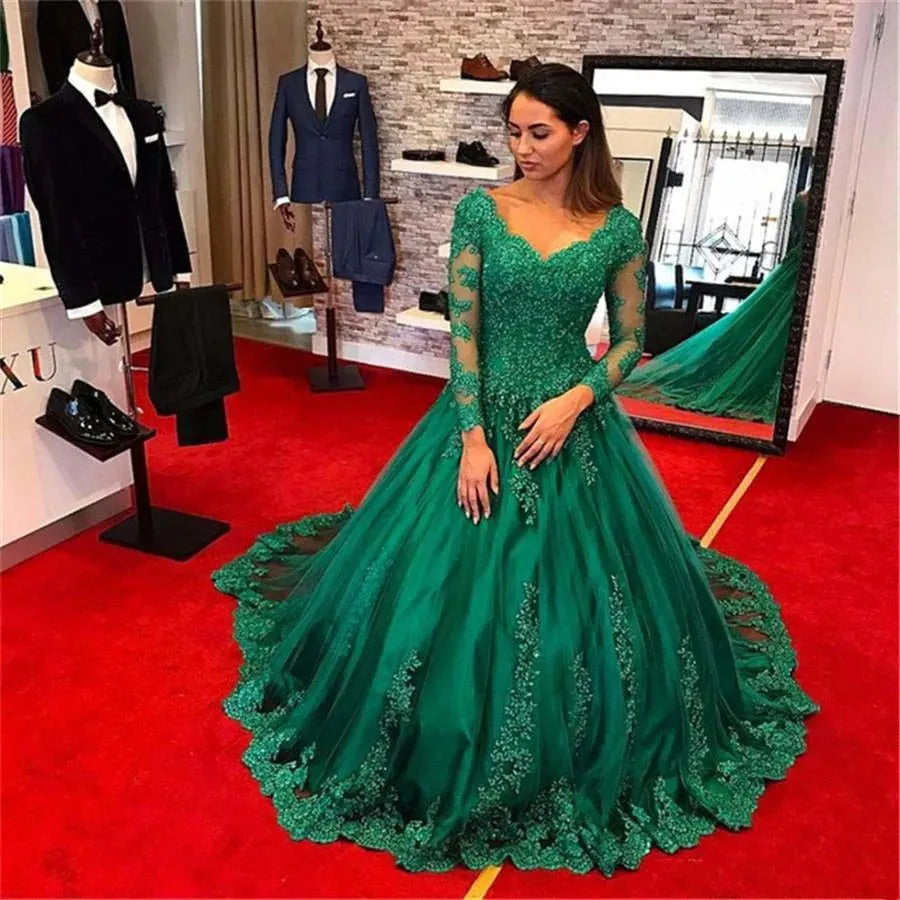 Sexy Long Sleeve فساتين السهرة Elegant Ball Gown Prom Dress Luxury Lace Embroidery Party Dresses Green Vestidos De Noche Green