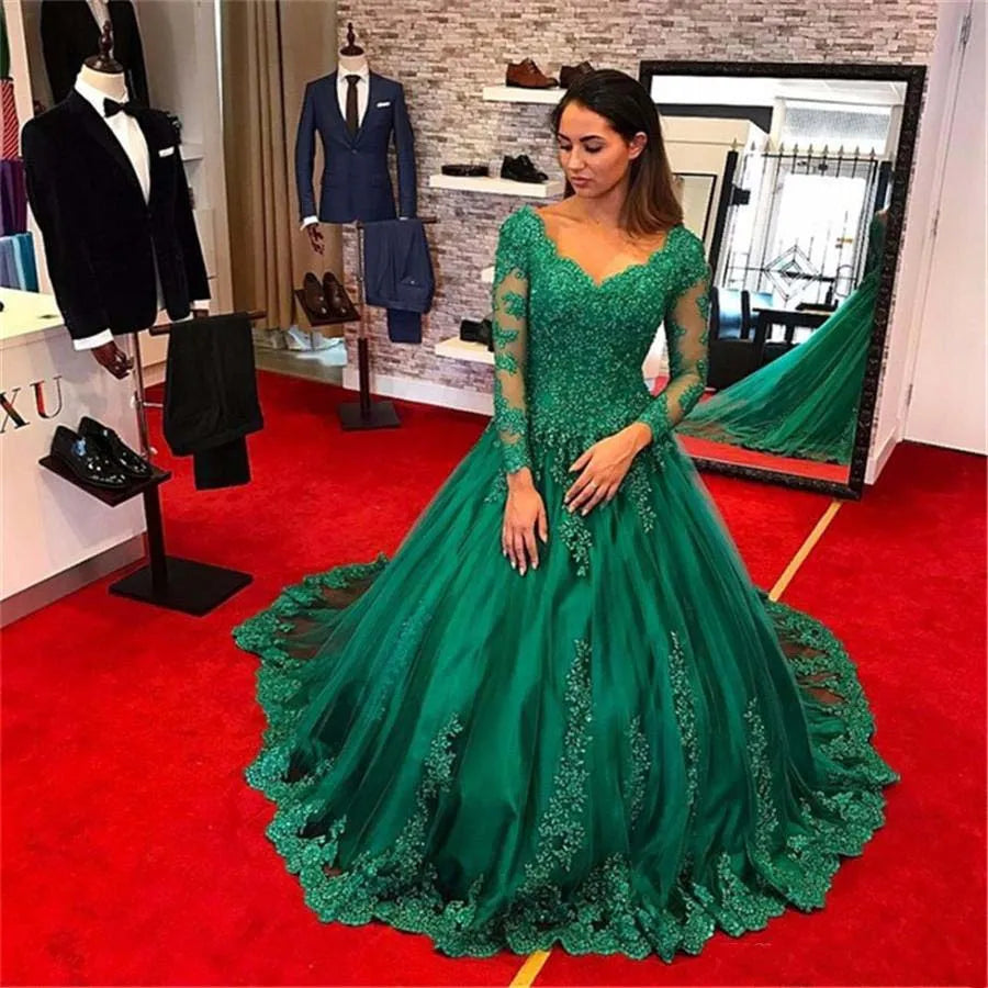 Sexy Long Sleeve فساتين السهرة Elegant Ball Gown Prom Dress Luxury Lace Embroidery Party Dresses Green Vestidos De Noche