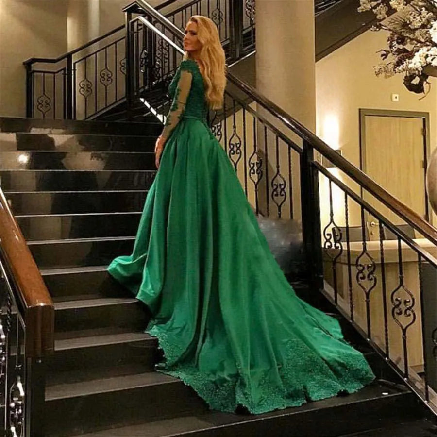 Sexy Long Sleeve فساتين السهرة Elegant Ball Gown Prom Dress Luxury Lace Embroidery Party Dresses Green Vestidos De Noche