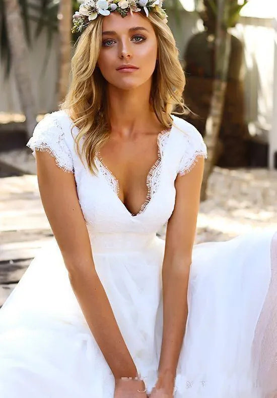 Vestidos De novia bohemios con cuello en V y manga casquillo, Vestido De novia De talla grande con encaje De tul y corte en A, Vestido De novia para playa