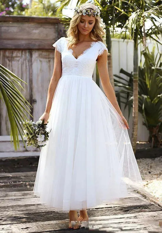 Cap Sleeve Bohemian V Neck Wedding Dresses Plus Size A-Line Lace Tulle Beach Bride Dress Vestido De Noiva 14w