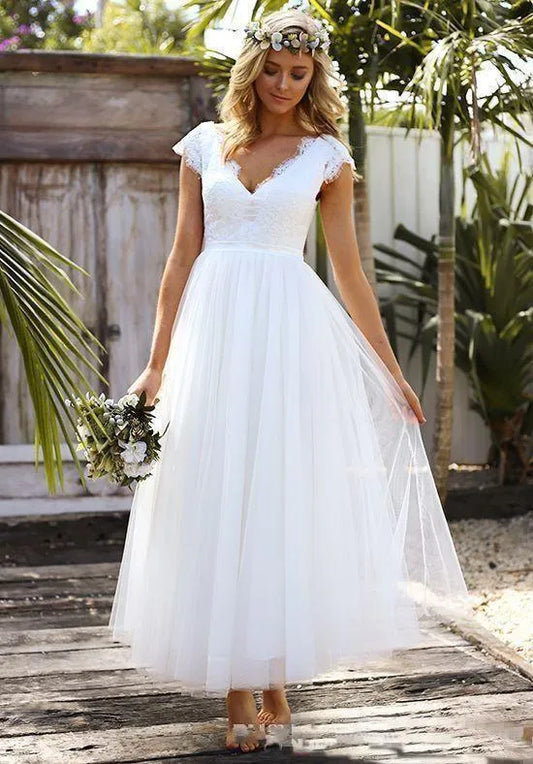 Vestidos De novia bohemios con cuello en V y manga casquillo, Vestido De novia De talla grande con encaje De tul y corte en A, Vestido De novia para playa