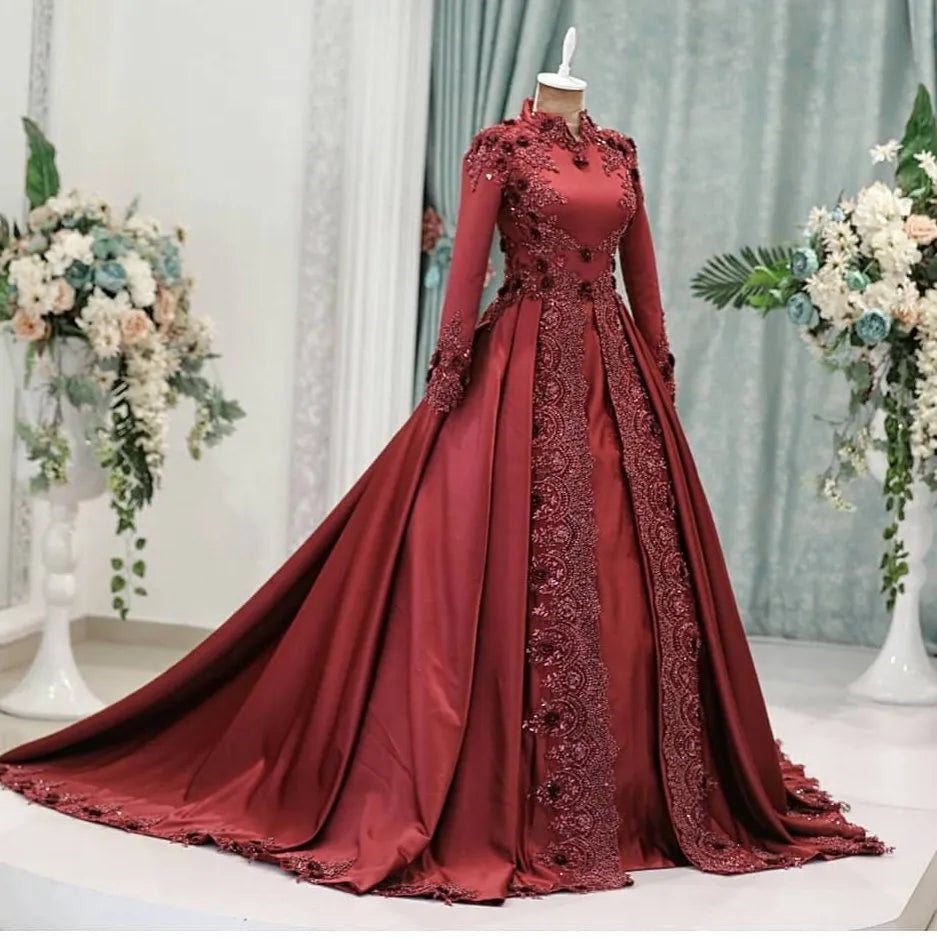 Vestidos de novia musulmanes árabes de color rojo oscuro con mangas largas de encaje con cuello alto, vestidos de novia con apliques