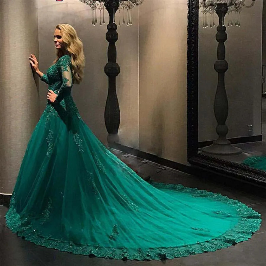 Sexy Long Sleeve فساتين السهرة Elegant Ball Gown Prom Dress Luxury Lace Embroidery Party Dresses Green Vestidos De Noche