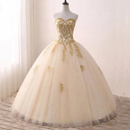 Gold Quinceanera Dresses Lace Appliques Beaded Ball Gown Sweet Strapless Vestidos de 15 Anos Envio Gratis Vestido De Princesa