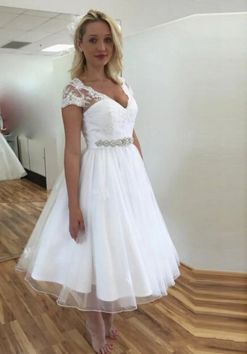 Nowe Desigh krótkie rękawy koronkowe suknie ślubne Krótki tiulowe suknie ślubne Vestido de novia