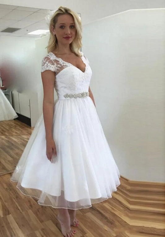 New Desigh Short Sleeves Lace Wedding Dresses Short Tulle Bridal Gowns Vestido De Novia