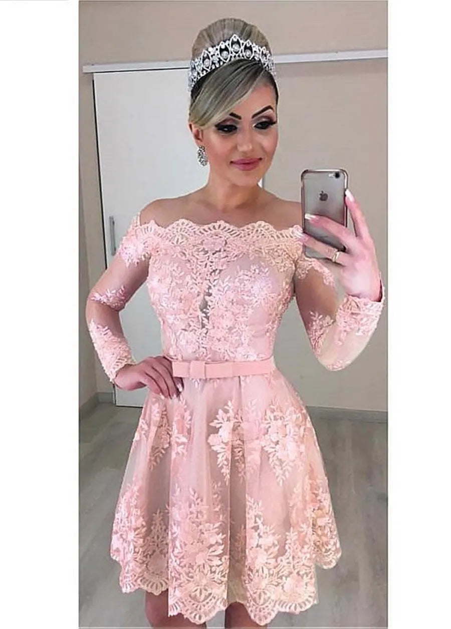 Einzigartige Tüll-Off-the-Shoulder-Ausschnitt Ausschnitt kurze Brautkleider Langarm und Bowknot rosa Brautkleid