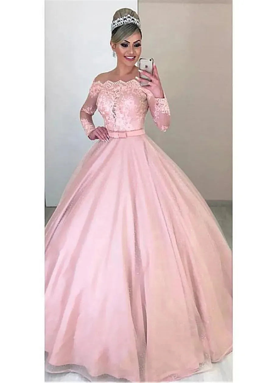 Unique Tulle Off-the-shoulder Neckline Short Wedding Dresses Long Sleeves & Bowknot Pink Bridal Dress 14w