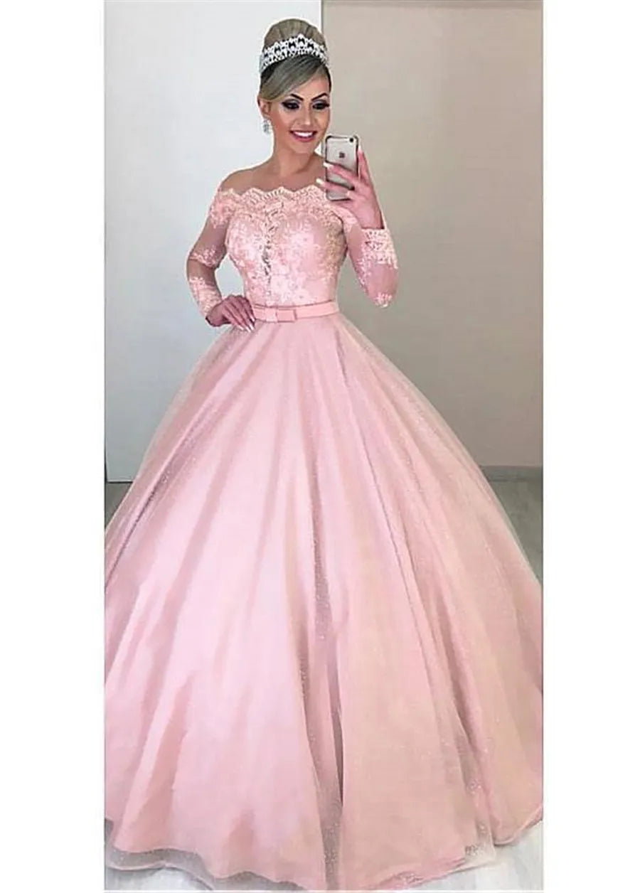 Unique Tulle Off-the-shoulder Neckline Short Wedding Dresses Long Sleeves & Bowknot Pink Bridal Dress