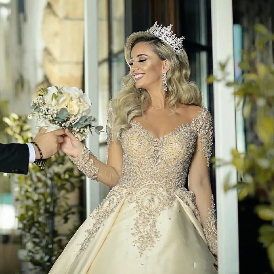 Vestido de novia con apliques de encaje satinado Vintage, vestido de novia de princesa elegante de manga larga transparente, vestido de invitados de boda