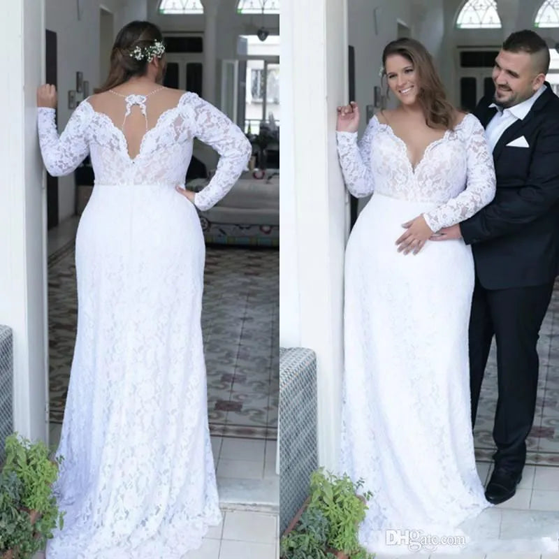 Plus -Größe Brautkleider Deep V Neck Vintage Langarmes formelle Hochzeit Brautkleider Court Zug