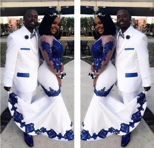 White Royal Blue Lace Aso Ebi African Prom Dresses Long Illusion Sleeves Appliqued Mermaid Evening Formal Gowns Pageant Dress WHITE