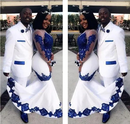 White Royal Blue Lace Aso Ebi African Prom Dresses Long Illusion Sleeves Appliqued Mermaid Evening Formal Gowns Pageant Dress